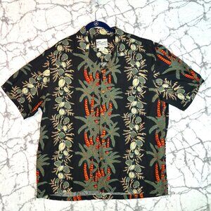 DIAMOND HEAD Hawaiian Aloha Shirt Men's L Coconuts & Palm Trees Black Orange